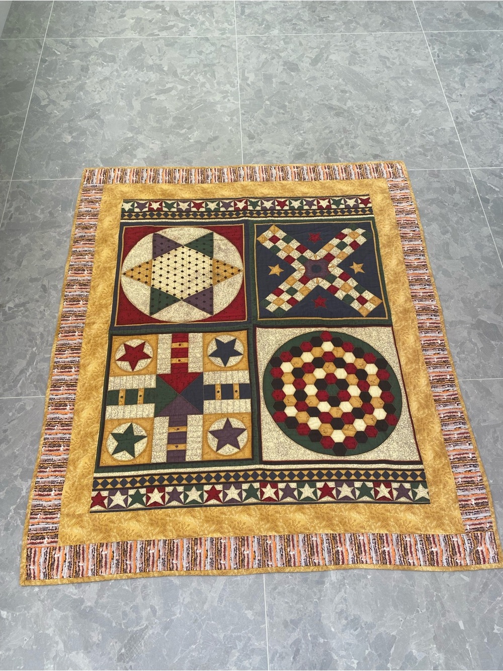 Vintage Folk Art Patchwork & Appliqué Quilt – Americana Stars • Country cottage